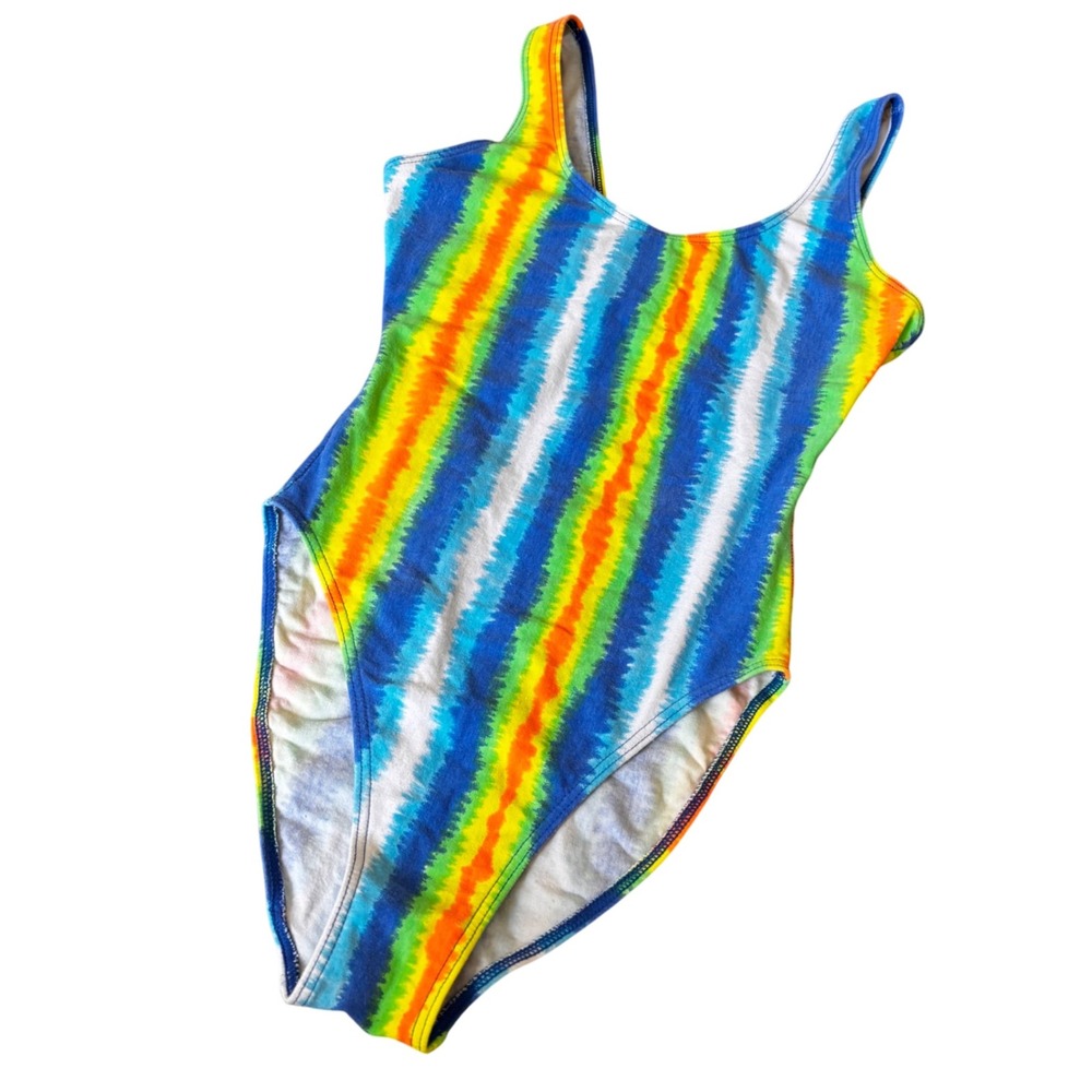 Vtg 90s Bermuda Beachwear Womens Rainbow Stripe Criss Cross One piece swimsuit S